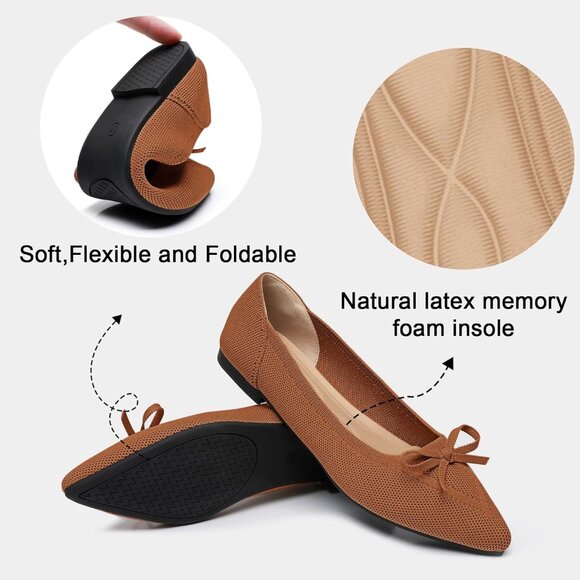 Women's Brown Pointed Toe Bow Knit Ballet Comfortable Dressy Mesh Slip On Flat - Picture 3 of 6